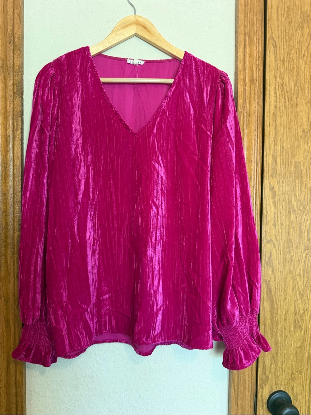 JODIFL Fuchsia Crushed Velvet V-Neck Blouse